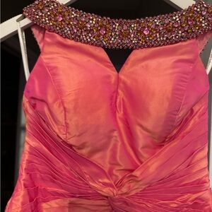 Pink Satin Dress with Embellished Neckline
